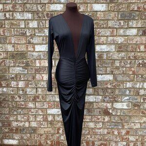 Goodtime Women's Long Sleeve Deep V Neck Bodycon Maxi Black Cocktail Dress Sz S